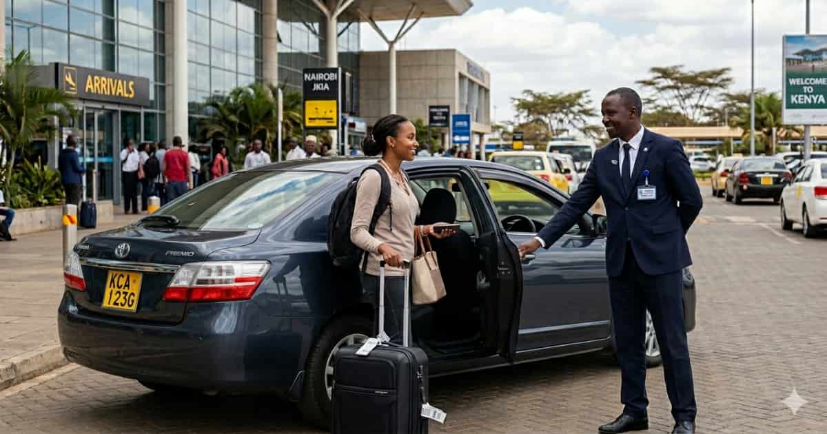 Nairobi city skyline with airport transfer vehicle